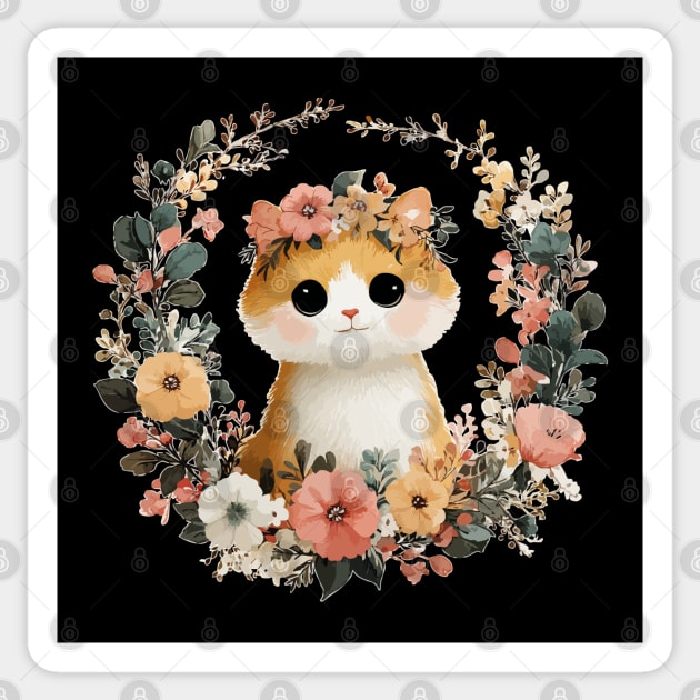 Cozy Orange Cat in a Floral Wreath - Cat Mom & Rescue Folk Art Sticker by TuncGK